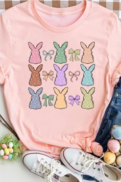 Clearance Dear-Lover Dotty Bunny Bow Printed Easter Day Fashion T Shirt Pink