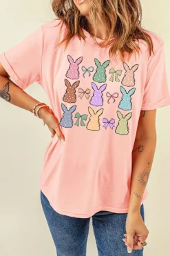 Clearance Dear-Lover Dotty Bunny Bow Printed Easter Day Fashion T Shirt Pink
