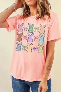 Clearance Dear-Lover Dotty Bunny Bow Printed Easter Day Fashion T Shirt Pink