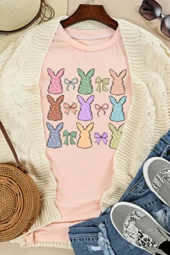 Clearance Dear-Lover Dotty Bunny Bow Printed Easter Day Fashion T Shirt Pink