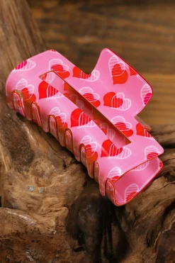 Sale Dear-Lover Double Heart Printed Valentines Fashion Hair Claw Pink