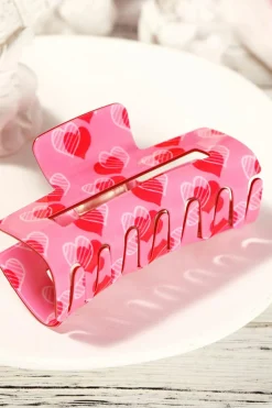 Sale Dear-Lover Double Heart Printed Valentines Fashion Hair Claw Pink