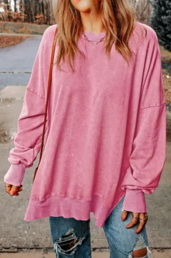 Outlet Dear-Lover Drop Shoulder Ribbed Trim Oversized Sweatshirt Pink