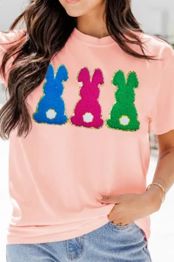 Best Dear-Lover Easter Bunny Chenille Patched Graphic Tee Pink