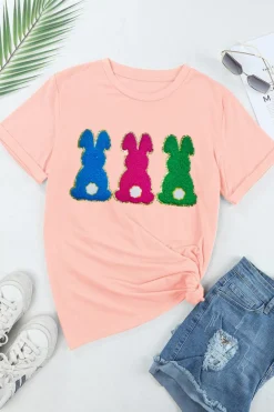 Best Dear-Lover Easter Bunny Chenille Patched Graphic Tee Pink