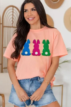 Best Dear-Lover Easter Bunny Chenille Patched Graphic Tee Pink