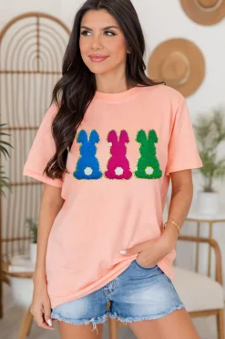 Best Dear-Lover Easter Bunny Chenille Patched Graphic Tee Pink