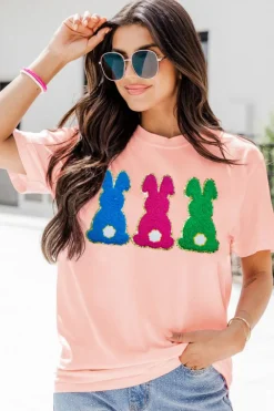 Best Dear-Lover Easter Bunny Chenille Patched Graphic Tee Pink