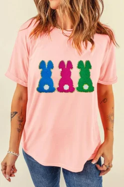 Best Dear-Lover Easter Bunny Chenille Patched Graphic Tee Pink
