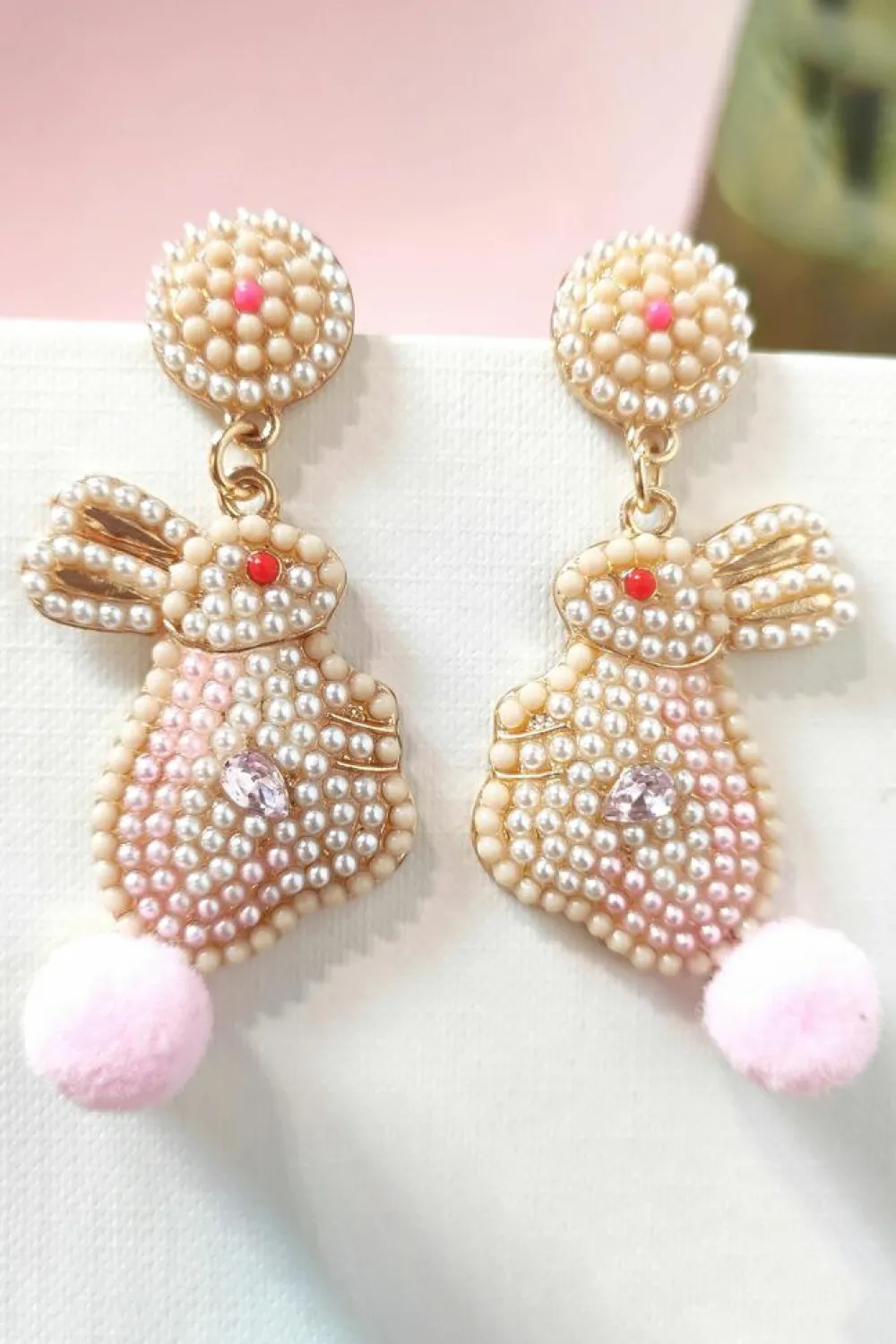 Discount Dear-Lover Easter Bunny Pearl Beaded Earrings Pink