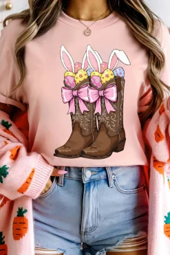 Online Dear-Lover Easter Eggs Bunny Ear Bow Boots Printed Tee Pink