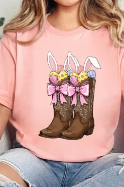 Online Dear-Lover Easter Eggs Bunny Ear Bow Boots Printed Tee Pink