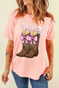 Online Dear-Lover Easter Eggs Bunny Ear Bow Boots Printed Tee Pink