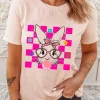 Hot Dear-Lover Easter Rabbit Checkered Flower Print O-neck T Shirt Pink