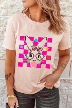 Hot Dear-Lover Easter Rabbit Checkered Flower Print O-neck T Shirt Pink