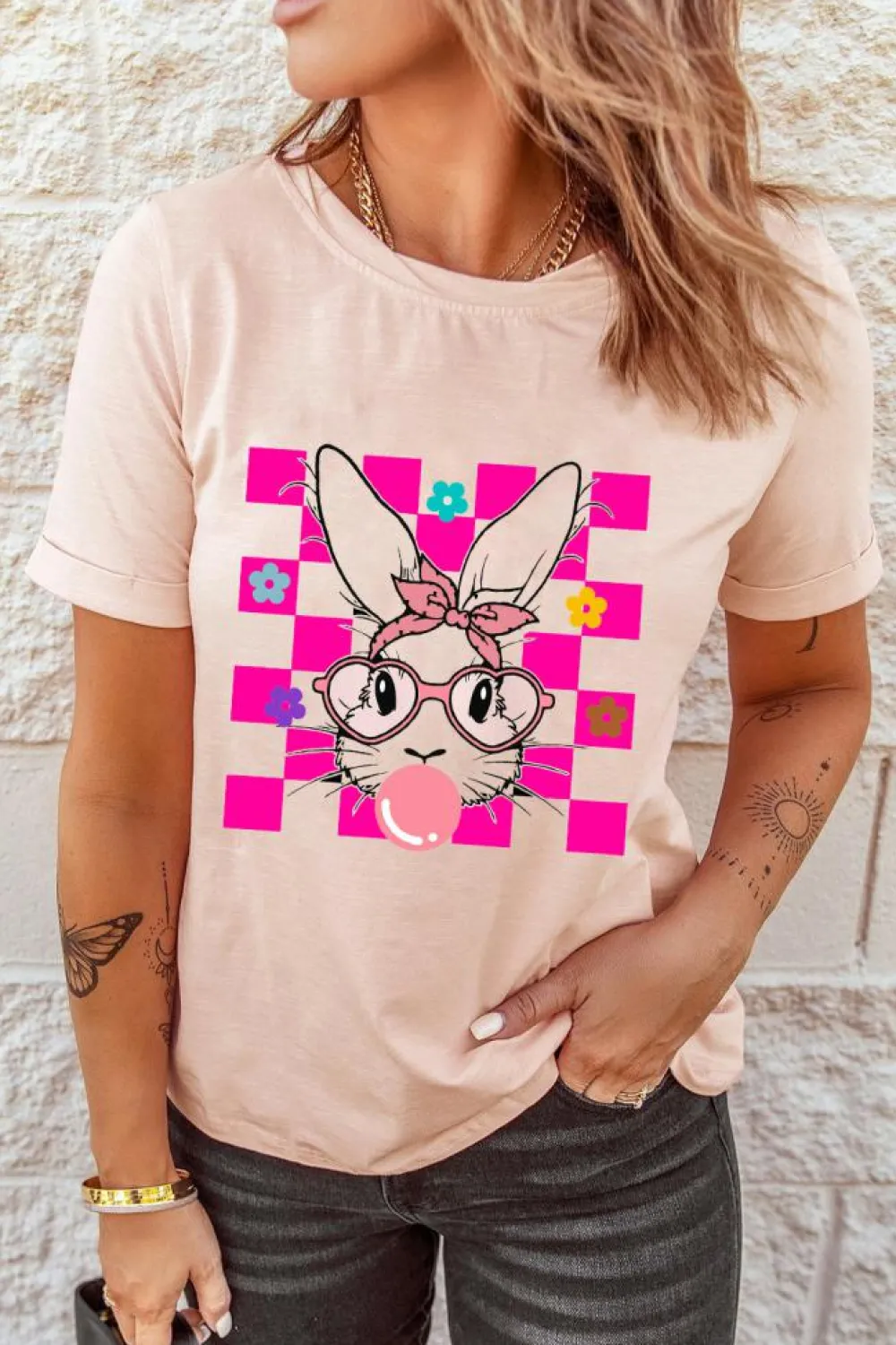 Hot Dear-Lover Easter Rabbit Checkered Flower Print O-neck T Shirt Pink