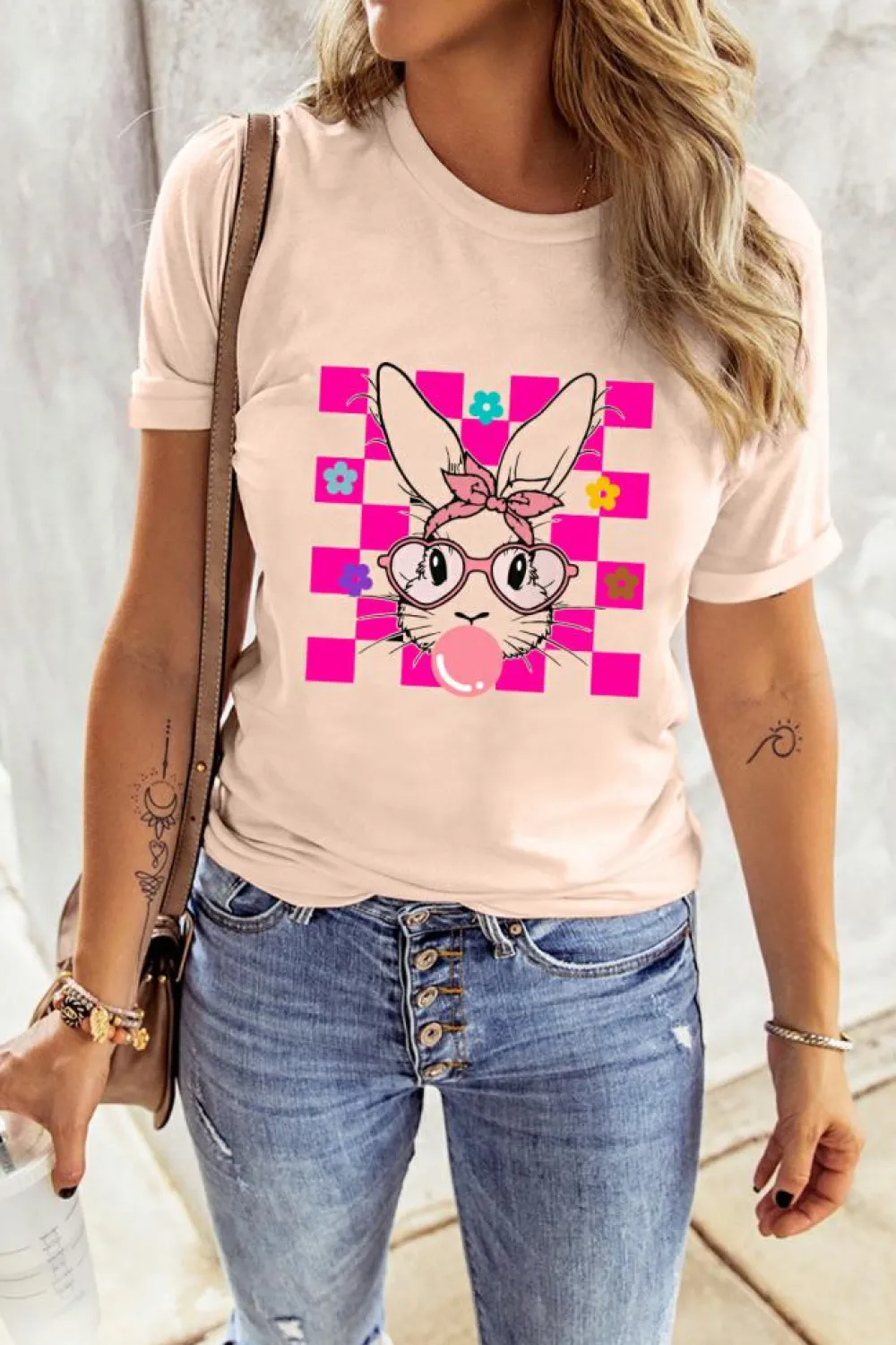 Hot Dear-Lover Easter Rabbit Checkered Flower Print O-neck T Shirt Pink