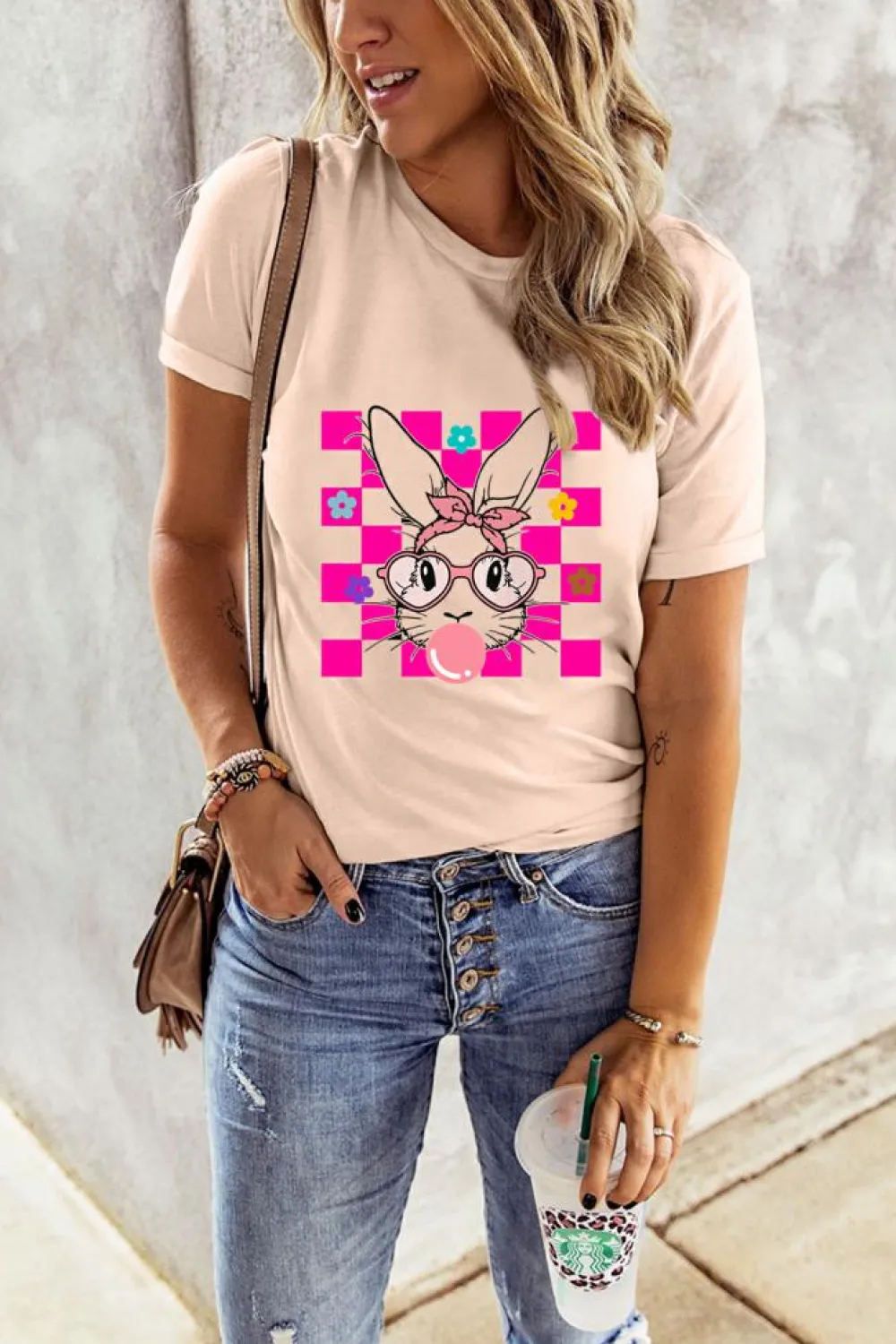 Hot Dear-Lover Easter Rabbit Checkered Flower Print O-neck T Shirt Pink