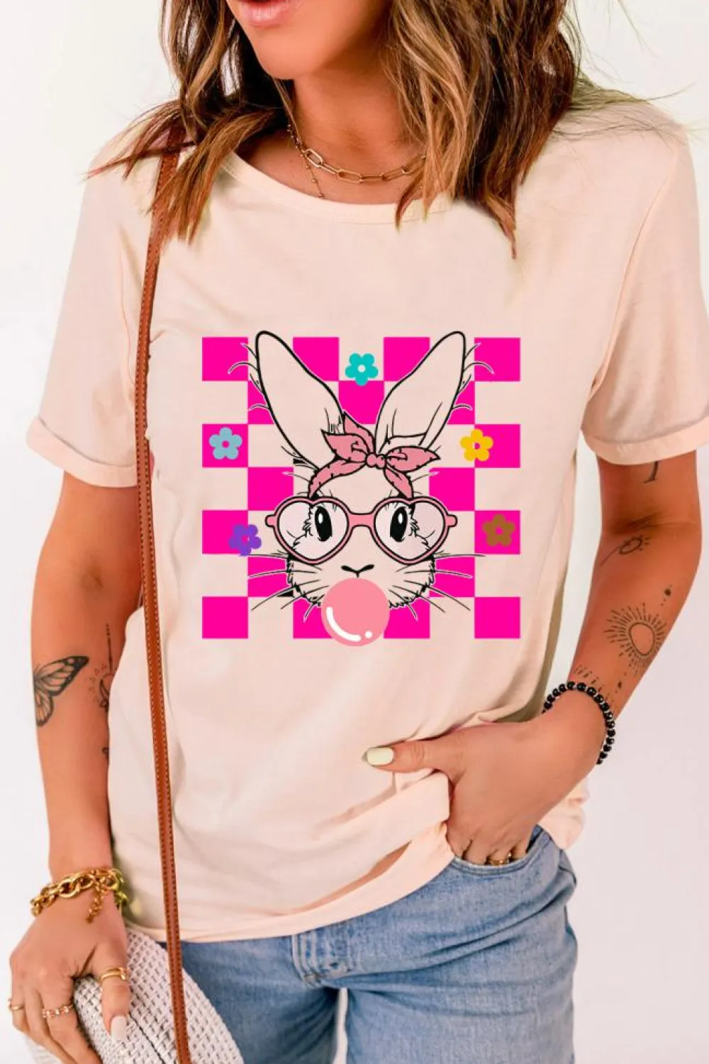 Hot Dear-Lover Easter Rabbit Checkered Flower Print O-neck T Shirt Pink