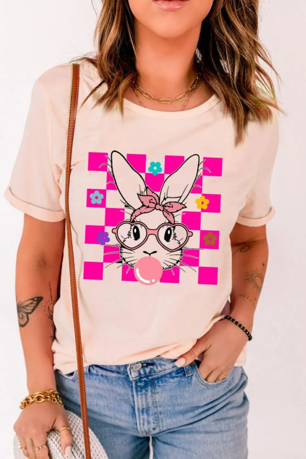 Hot Dear-Lover Easter Rabbit Checkered Flower Print O-neck T Shirt Pink