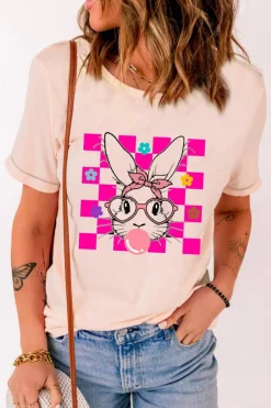 Hot Dear-Lover Easter Rabbit Checkered Flower Print O-neck T Shirt Pink