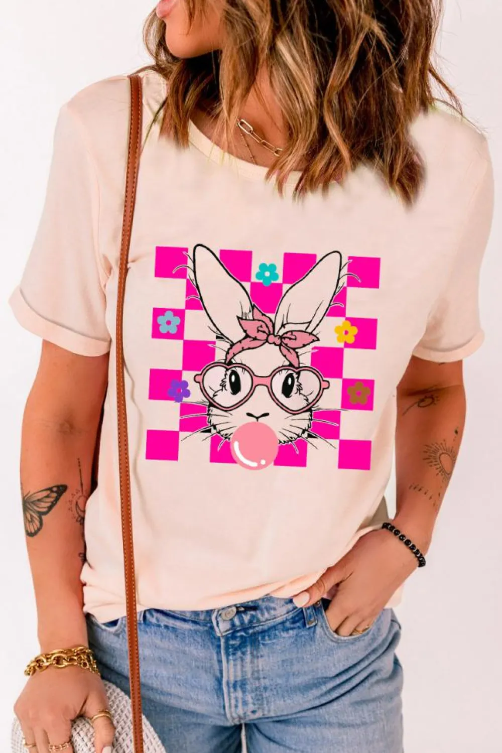 Hot Dear-Lover Easter Rabbit Checkered Flower Print O-neck T Shirt Pink