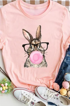 Discount Dear-Lover Easter Rabbit Print Round Neck Casual Tee Pink
