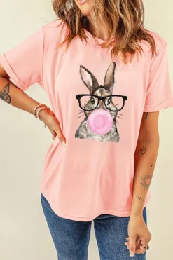 Discount Dear-Lover Easter Rabbit Print Round Neck Casual Tee Pink