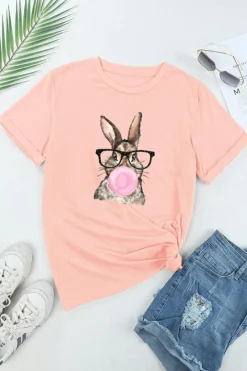 Discount Dear-Lover Easter Rabbit Print Round Neck Casual Tee Pink