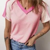 Clearance Dear-Lover Exposed Seam Color Block Knitted V Neck T-shirt Pink