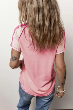 Clearance Dear-Lover Exposed Seam Color Block Knitted V Neck T-shirt Pink