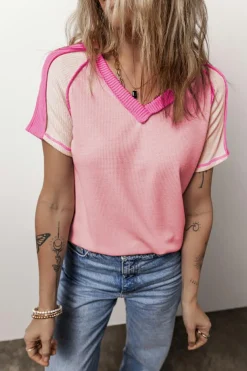Clearance Dear-Lover Exposed Seam Color Block Knitted V Neck T-shirt Pink