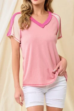 Clearance Dear-Lover Exposed Seam Color Block Knitted V Neck T-shirt Pink