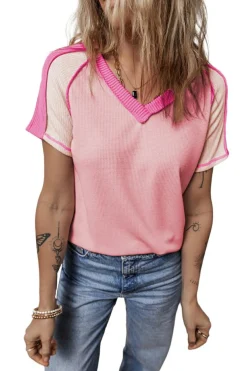 Clearance Dear-Lover Exposed Seam Color Block Knitted V Neck T-shirt Pink