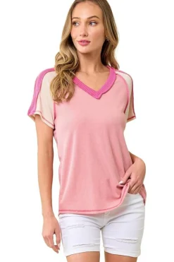 Clearance Dear-Lover Exposed Seam Color Block Knitted V Neck T-shirt Pink