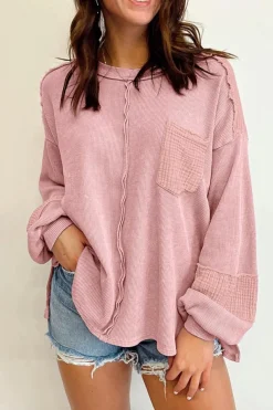 Online Dear-Lover Exposed Seam Patchwork Bubble Sleeve Waffle Knit Top Pink