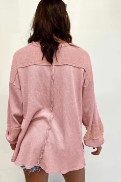 Online Dear-Lover Exposed Seam Patchwork Bubble Sleeve Waffle Knit Top Pink