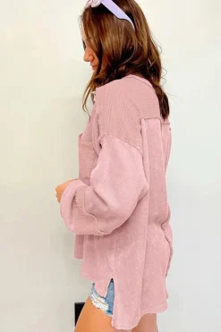 Online Dear-Lover Exposed Seam Patchwork Bubble Sleeve Waffle Knit Top Pink