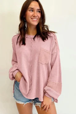 Online Dear-Lover Exposed Seam Patchwork Bubble Sleeve Waffle Knit Top Pink