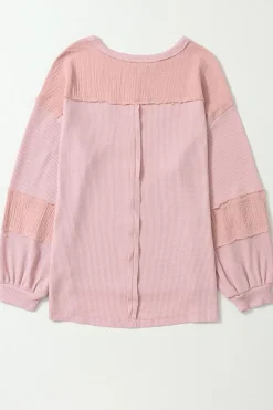 Online Dear-Lover Exposed Seam Patchwork Bubble Sleeve Waffle Knit Top Pink