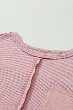 Online Dear-Lover Exposed Seam Patchwork Bubble Sleeve Waffle Knit Top Pink