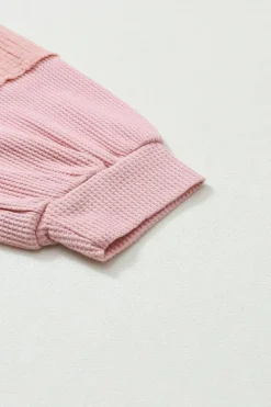 Online Dear-Lover Exposed Seam Patchwork Bubble Sleeve Waffle Knit Top Pink