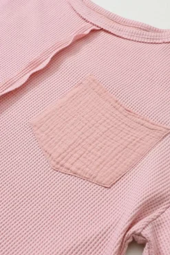 Online Dear-Lover Exposed Seam Patchwork Bubble Sleeve Waffle Knit Top Pink