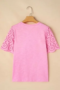 Best Dear-Lover Eyelet Embroidery Scalloped Sleeve Round Neck T Shirt Pink