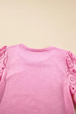 Best Dear-Lover Eyelet Embroidery Scalloped Sleeve Round Neck T Shirt Pink