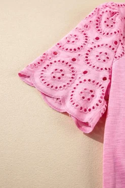 Best Dear-Lover Eyelet Embroidery Scalloped Sleeve Round Neck T Shirt Pink