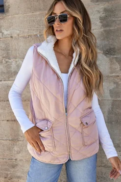 New Dear-Lover Fleece Lined Quilted Vest Coats Pink