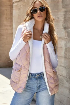 New Dear-Lover Fleece Lined Quilted Vest Coats Pink