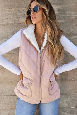 New Dear-Lover Fleece Lined Quilted Vest Coats Pink