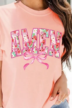 New Dear-Lover Floral AMEN Bow Graphic Crewneck T Shirt Pink